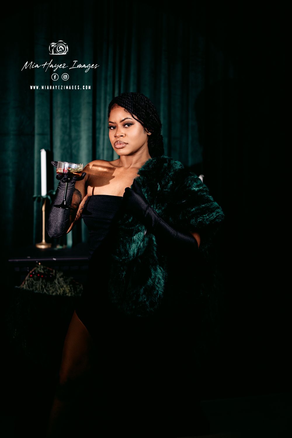 Moody portrait session with dramatic lighting and black outfit.