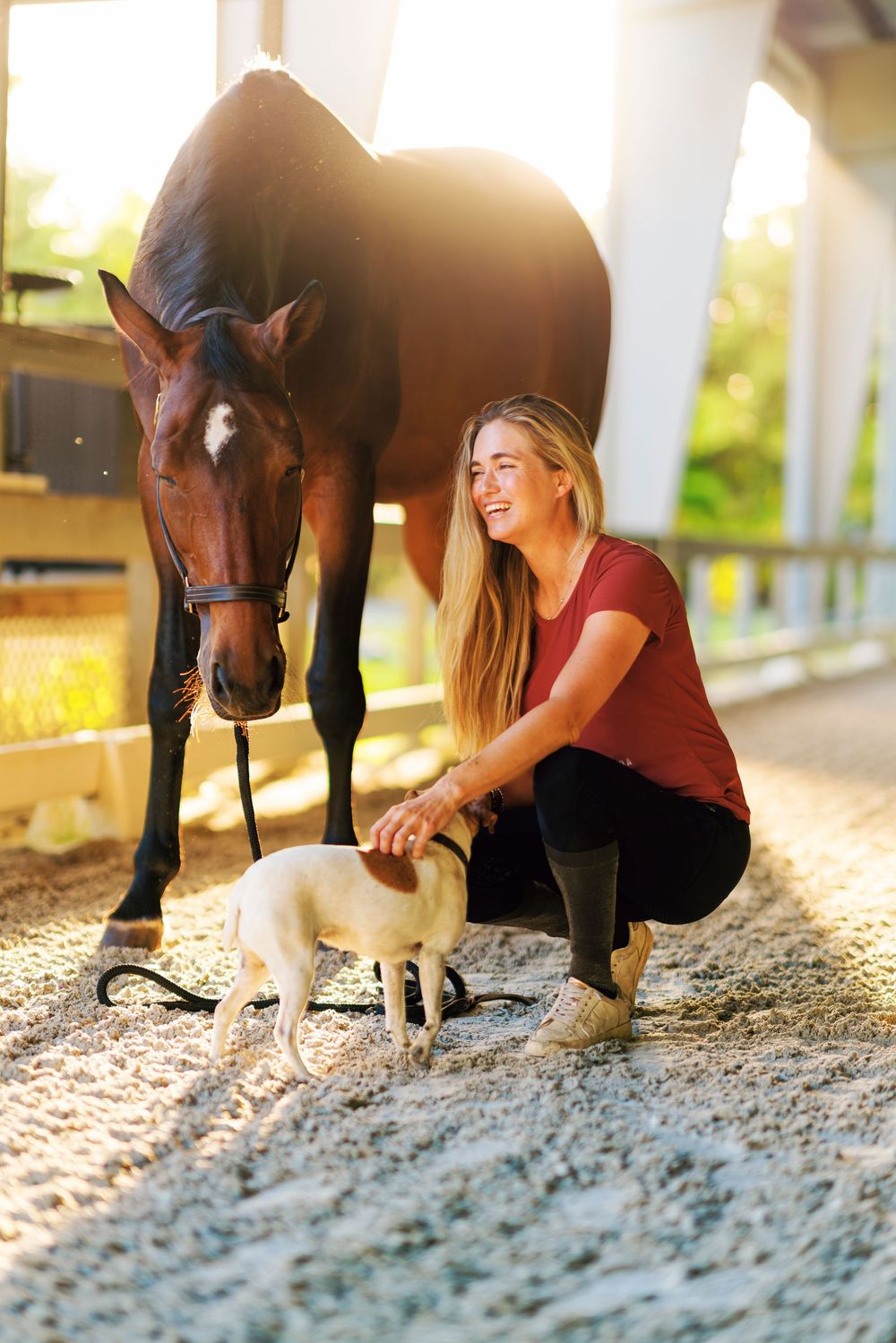 A woman in pink top checks a horse's hooves in a sandy arena during a golden sunset.