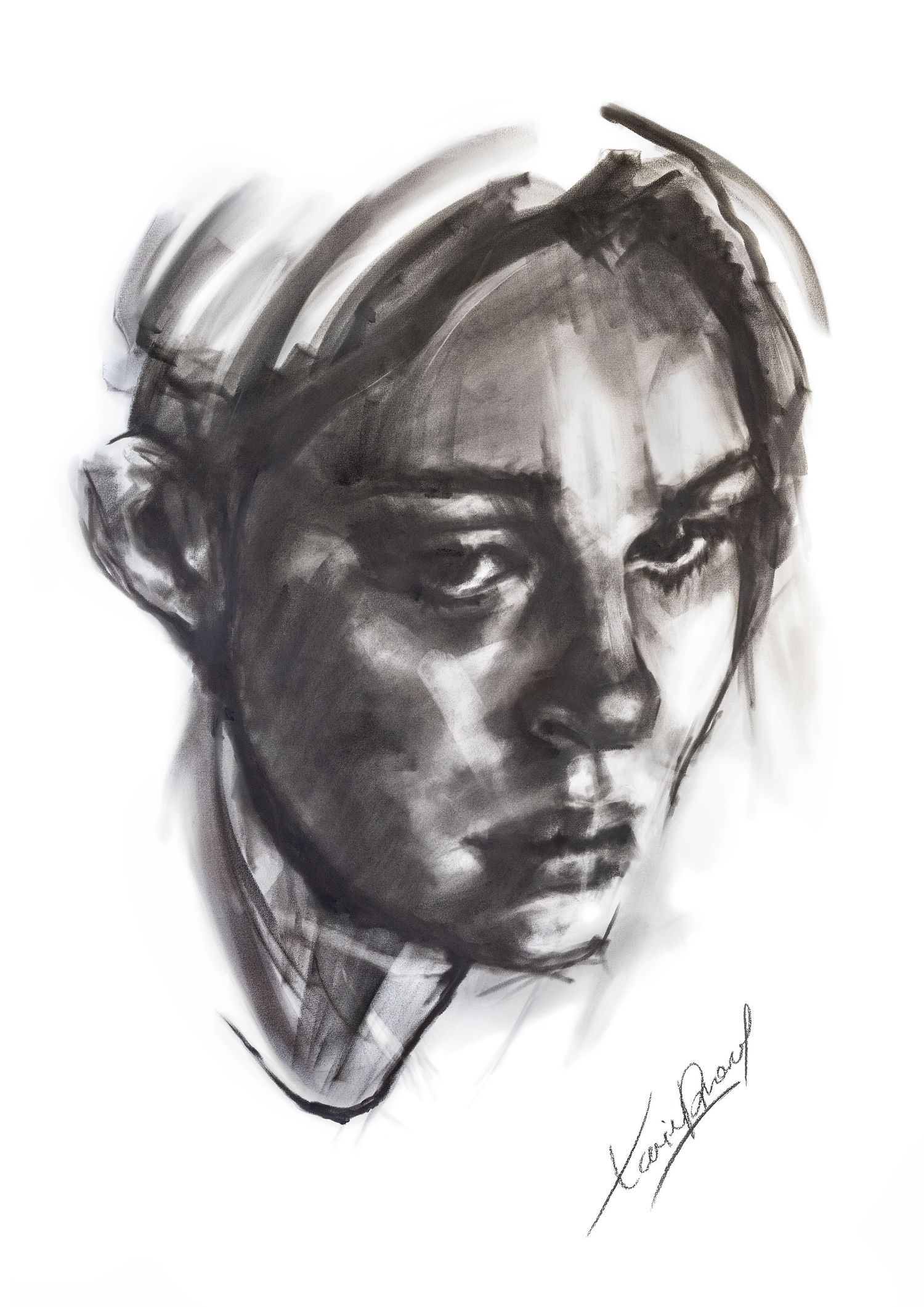 A dramatic black and white charcoal portrait sketch with strong contrasts and expressive features.
