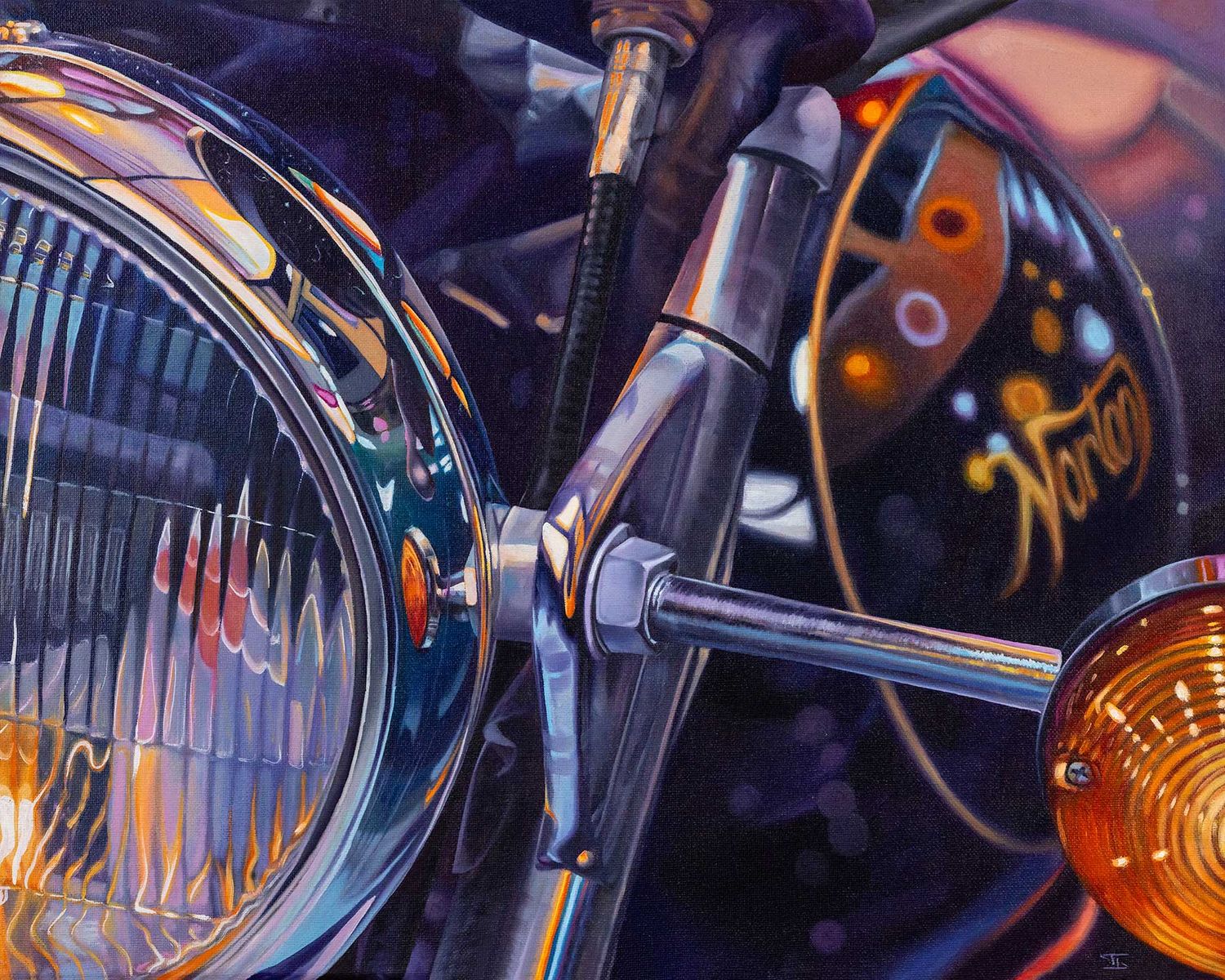 Close-up detail of a motorcycle's chrome headlight and turn signal against a dark background.