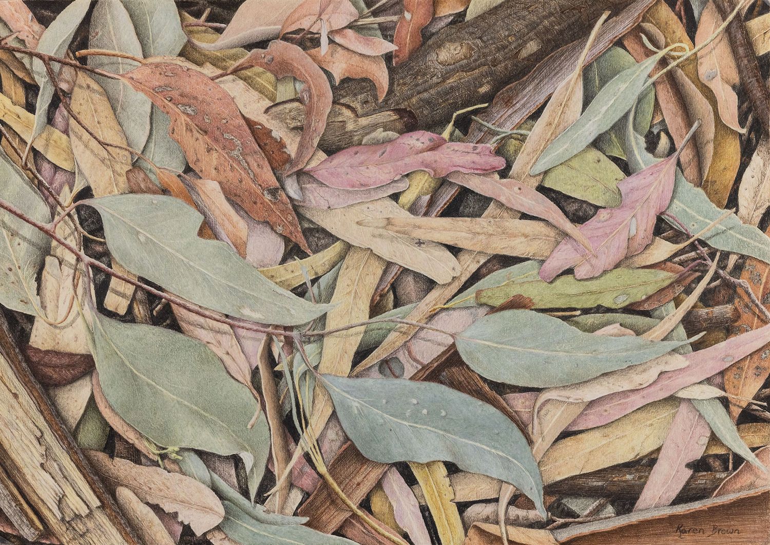 Dried eucalyptus leaves in muted pastel colors scattered on the ground creating a natural abstract pattern.