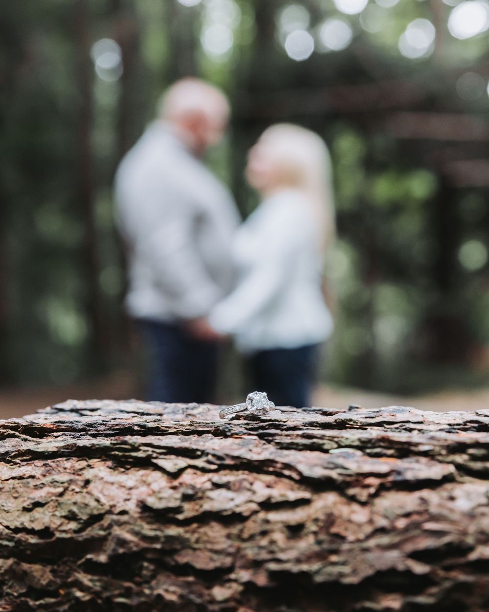 Tree bark texture in foreground with blurred couple in background forest setting.
