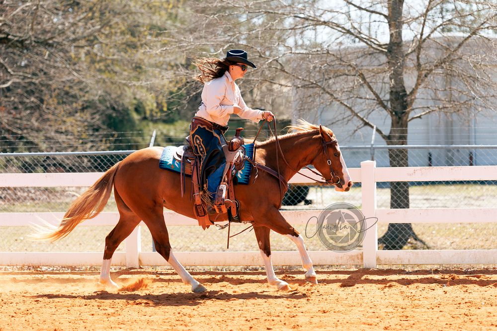 Rider in western hat lopes a chestnut horse in a sandy outdoor arena during a riding session.