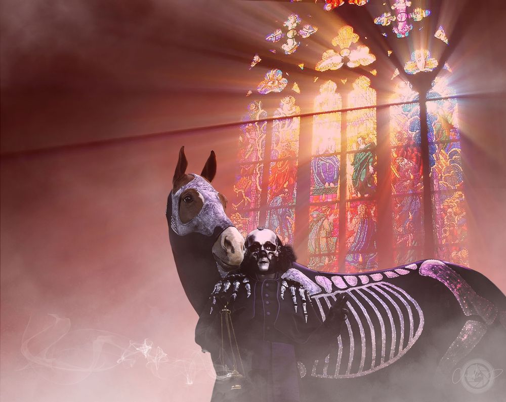 Skeletal horse with skull rider in dramatic church with stained glass windows and glowing light.