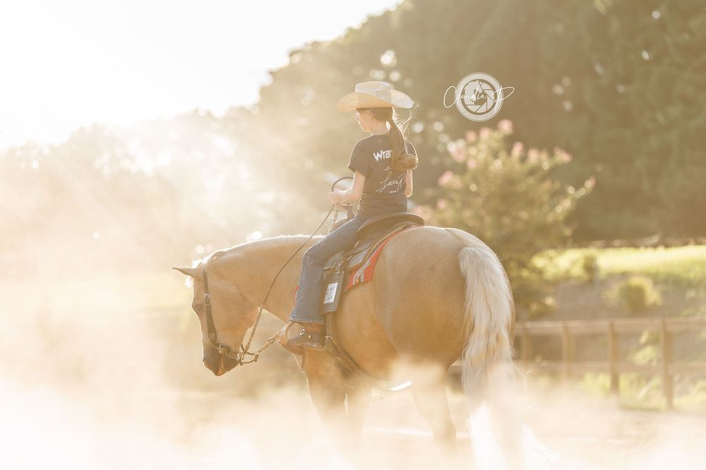 Cowboy riding palomino horse in dusty arena holding trophy in golden sunlight.