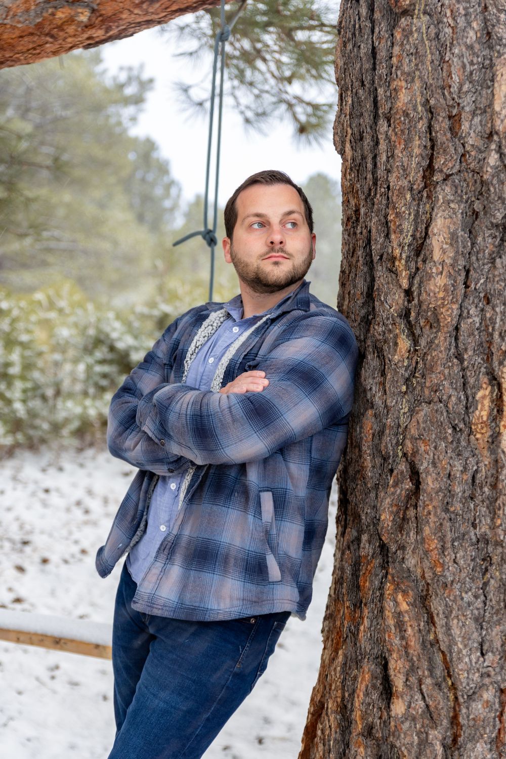 snow, winter, forest, pine trees, male, portrait, flagstaff, arizona photographer