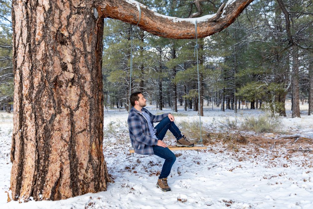 snow, winter, forest, pine trees, male, portrait, flagstaff, arizona photographer
