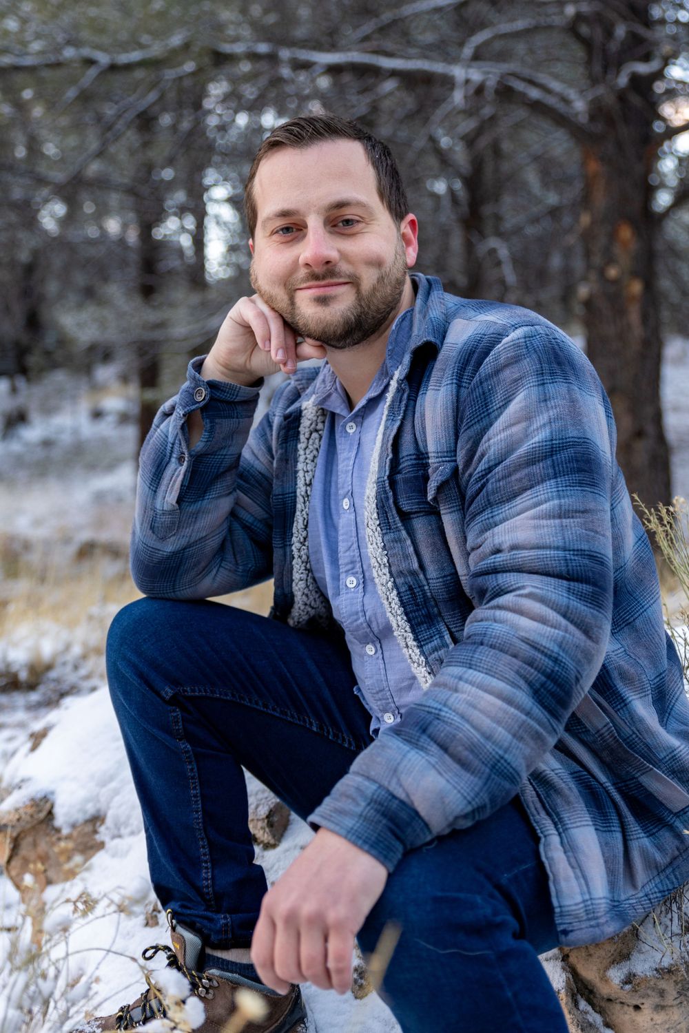 snow, winter, forest, pine trees, male, portrait, flagstaff, arizona photographer