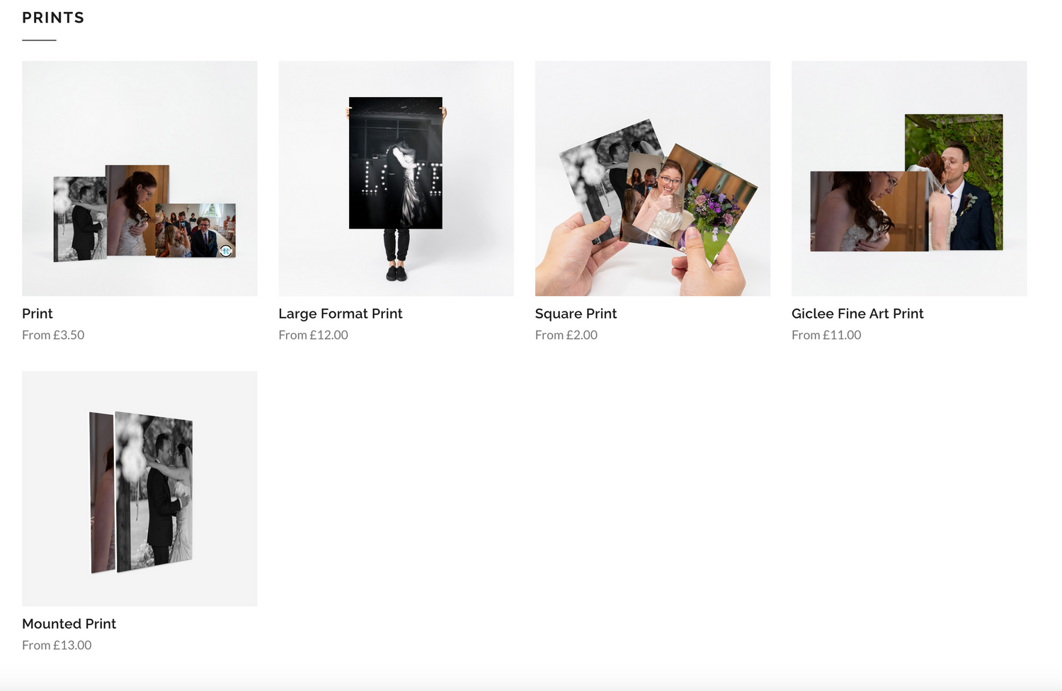 Collection of photo print options and sizes displayed on white background.