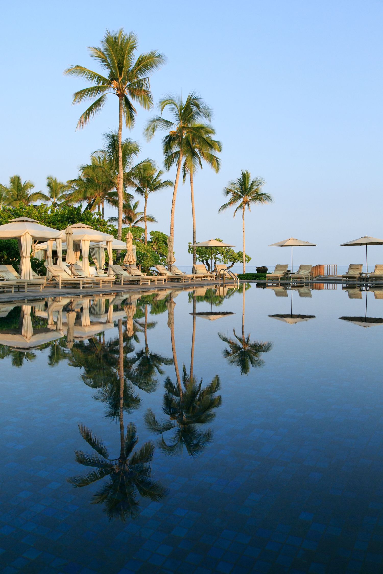 Tropical resort pool reflecting palm trees under clear blue sky with lounge chairs and umbrellas along the poolside.