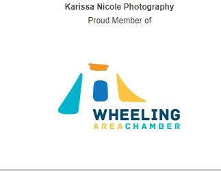 Wheeling Area Chamber logo featuring blue and yellow geometric shapes with membership text for Karissa Nicole Photography.