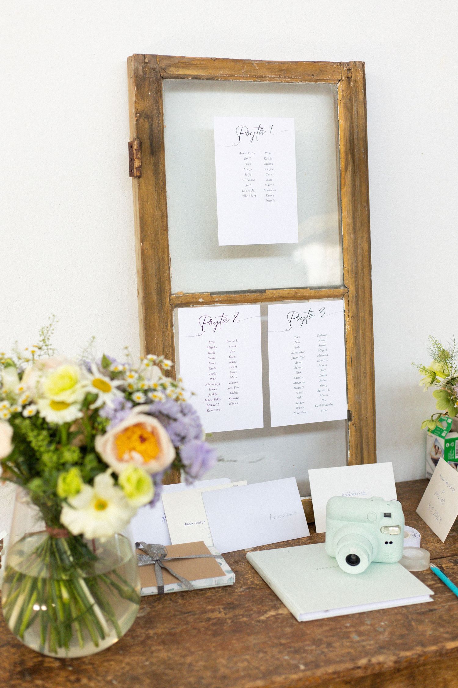 Rustic wedding seating chart displayed on vintage window frame with floral decorations.