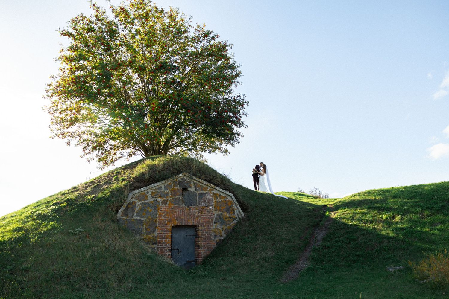 A silhouetted couple standing atop a grass-covered stone structure with a tree.