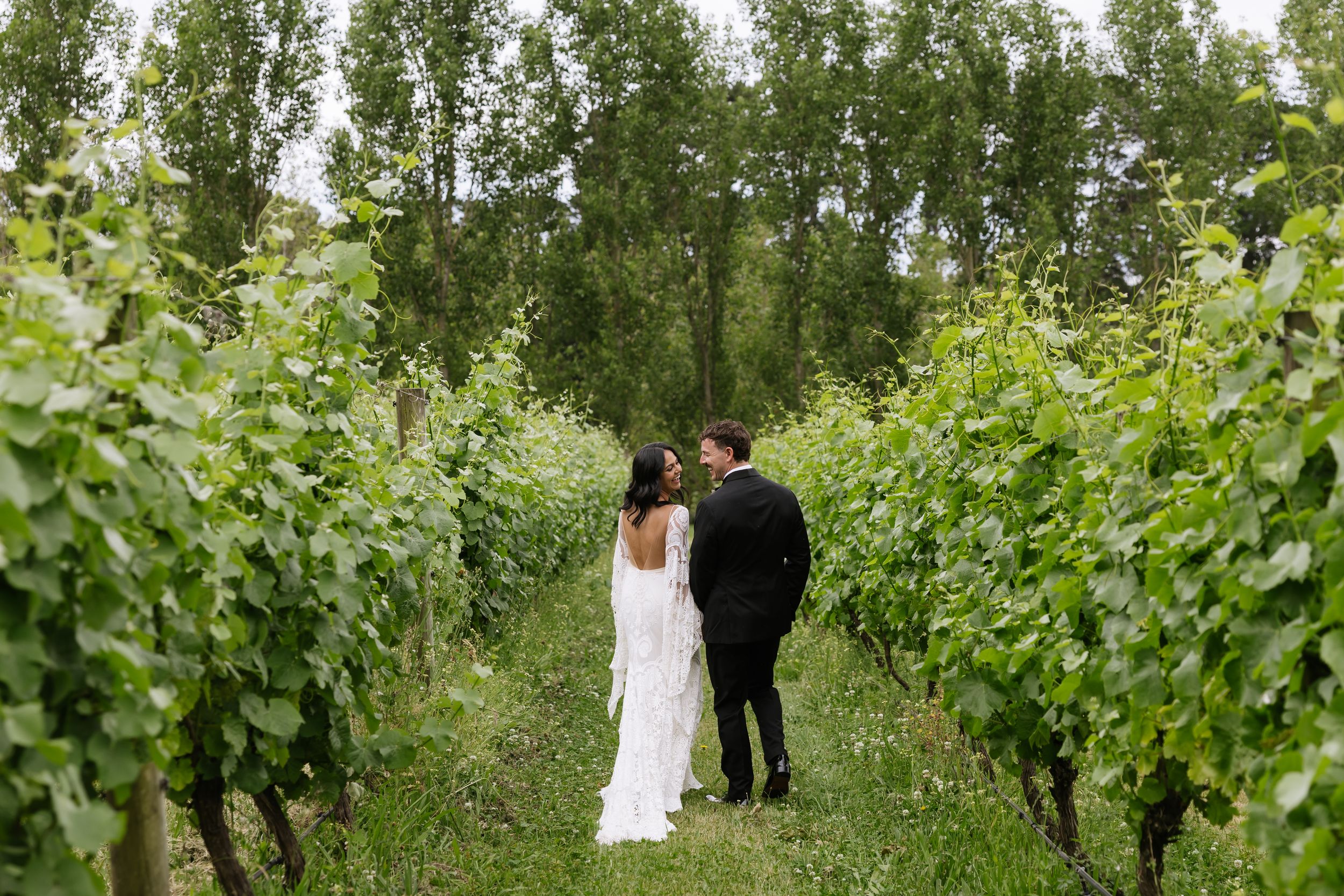 A bride and groom share a romantic moment walking through lush green vineyard rows on their wedding day.