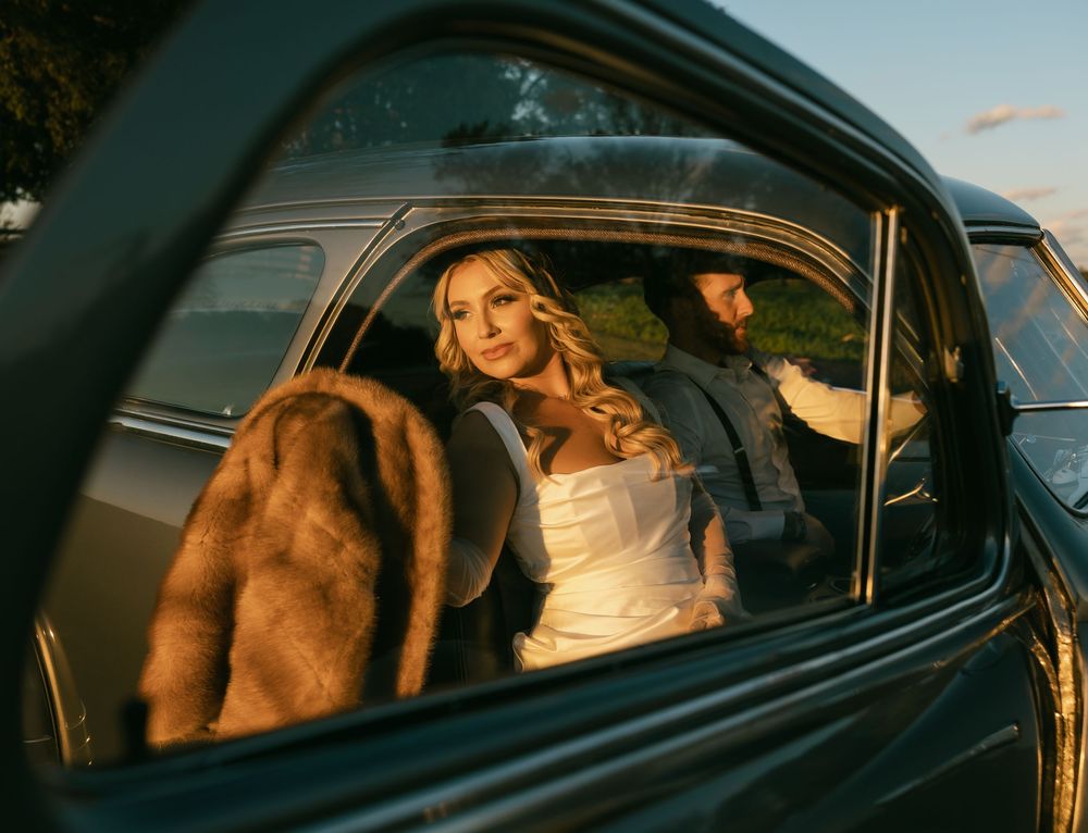 A series of photos showing someone sitting in a car with a dog while smiling through the window.