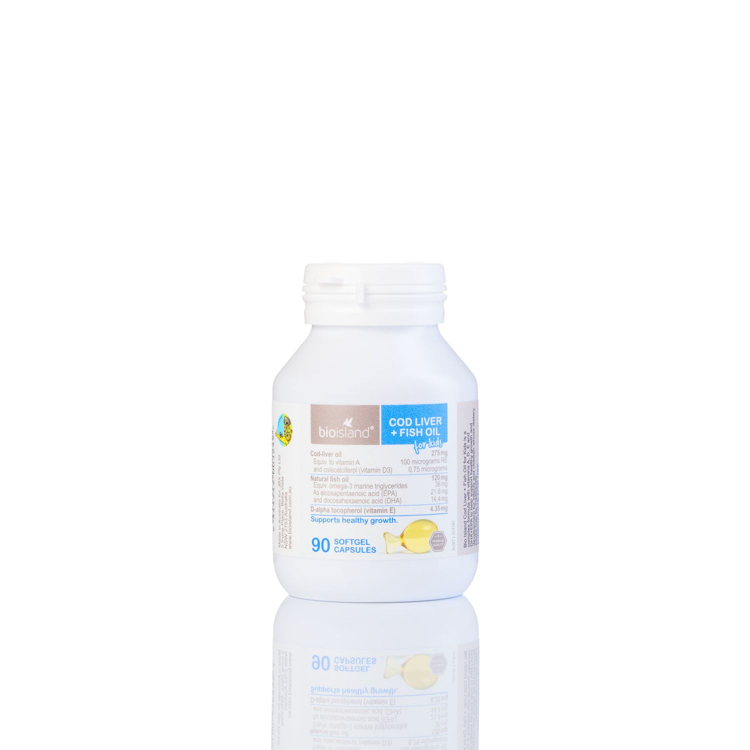 Cod liver soft gel capsule for kids on a plain white background