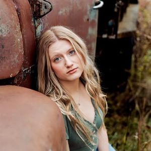 A series of outdoor portrait photos showing a person with blonde hair in a green top against a rustic background.