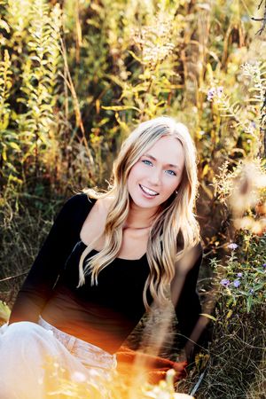A series of outdoor portraits captured in golden sunlight among tall grass and wildflowers during sunset.