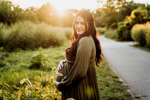 Professional lifestyle photos show individual posing along a sunlit path during golden hour with retro styling.