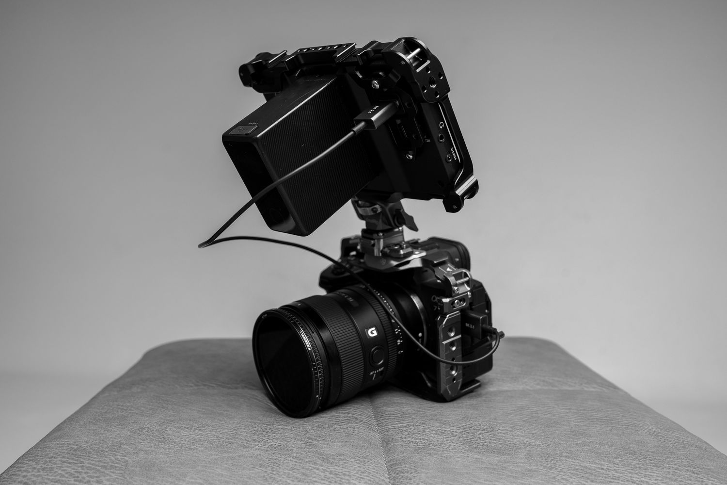 Professional camera equipment on a light grey background, Studio in Cambridge, UK