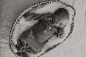 Monochrome portrait of peaceful newborn resting in woven basket.