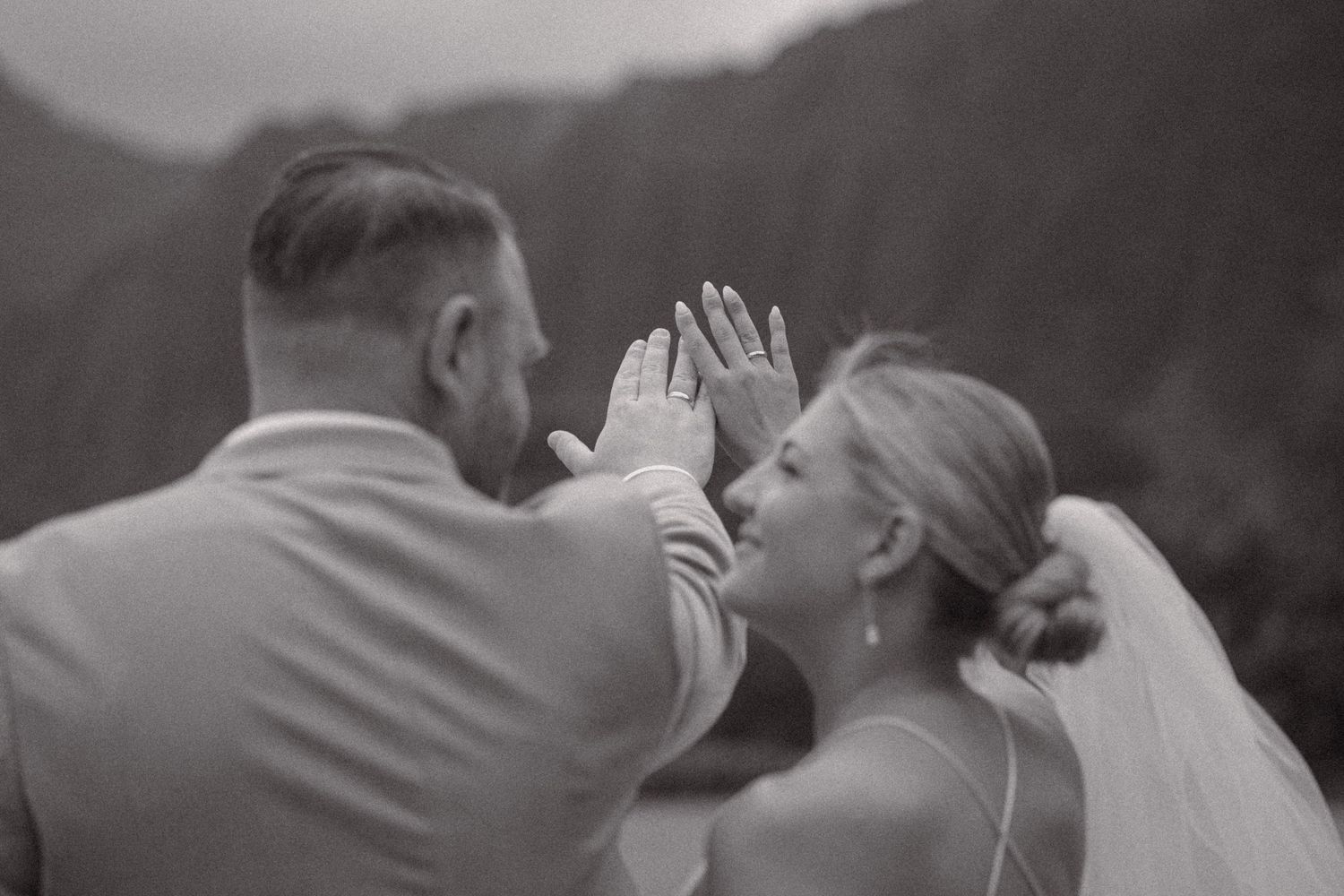 A black and white wedding portrait with palm trees and mountains in the background.