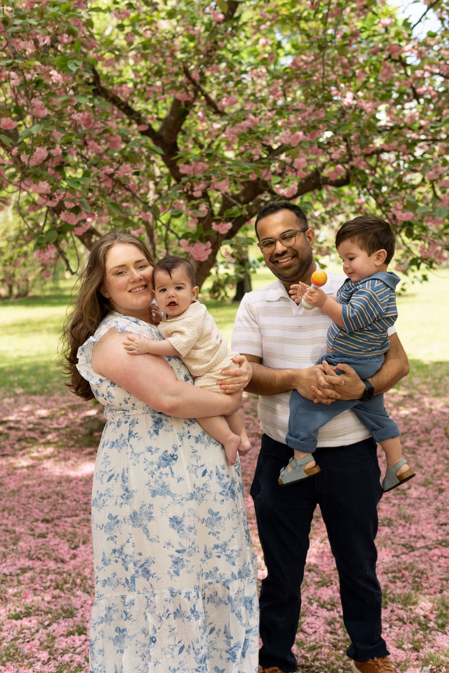 A family poses together under blooming pink cherry blossom trees during springtime in a park.