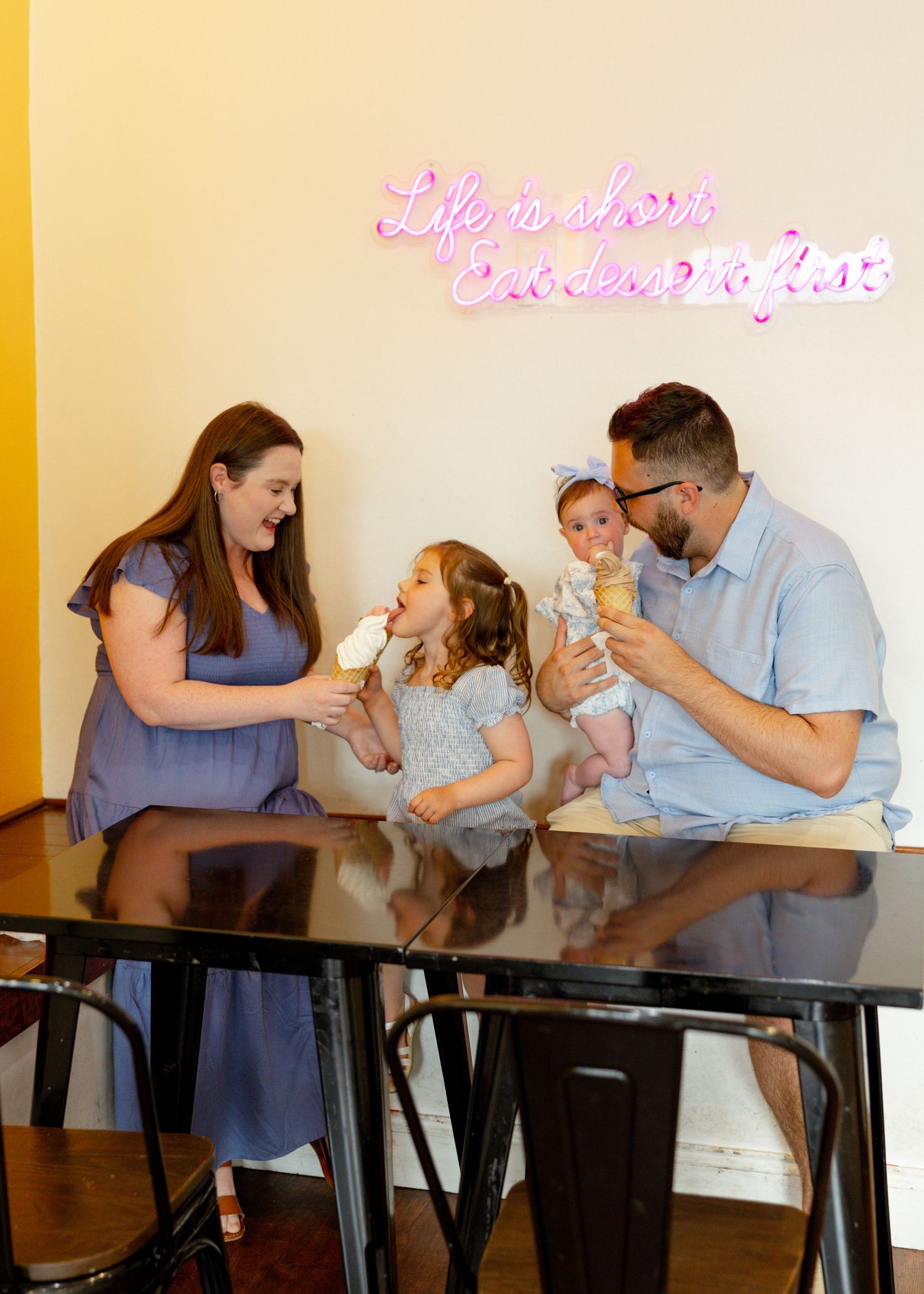 Family sharing sweet treats at a restaurant table in a candid photo sequence.