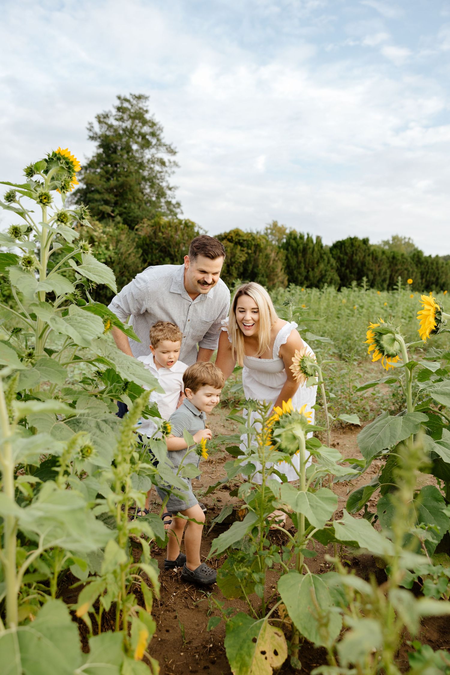 Family exploring a vibrant sunflower garden together on a sunny summer day.