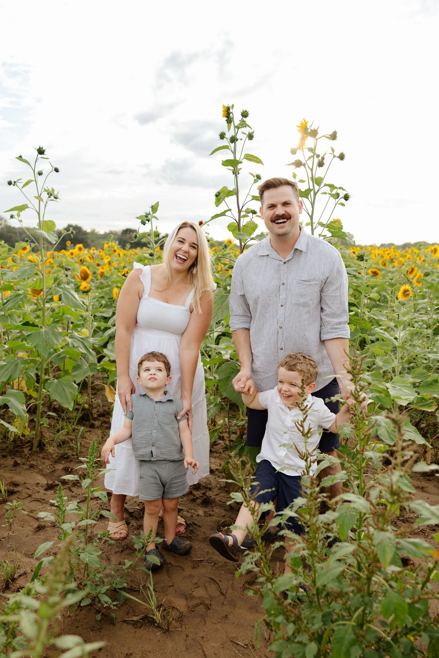 A joyful family poses between rows of tall sunflowers in a field on a summer day.