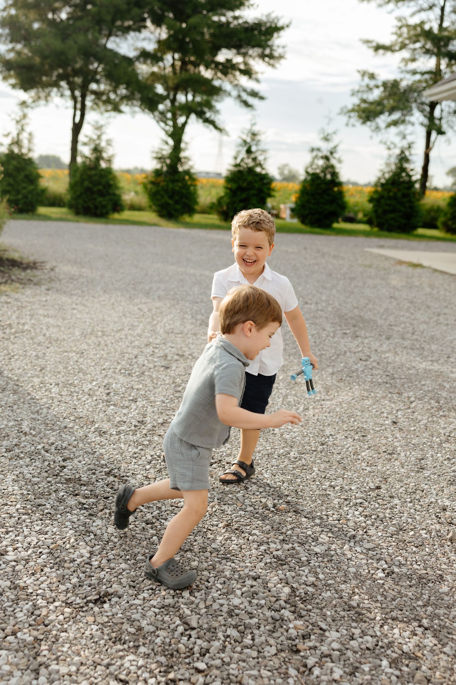 A sequence showing someone searching through gravel with a blue object on a graveled driveway area.