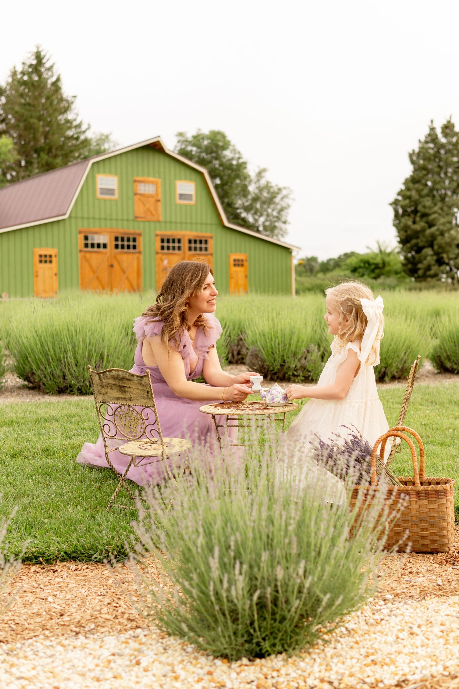 Two people enjoy tea time at an outdoor table with a charming green barn and lavender plants in the background.