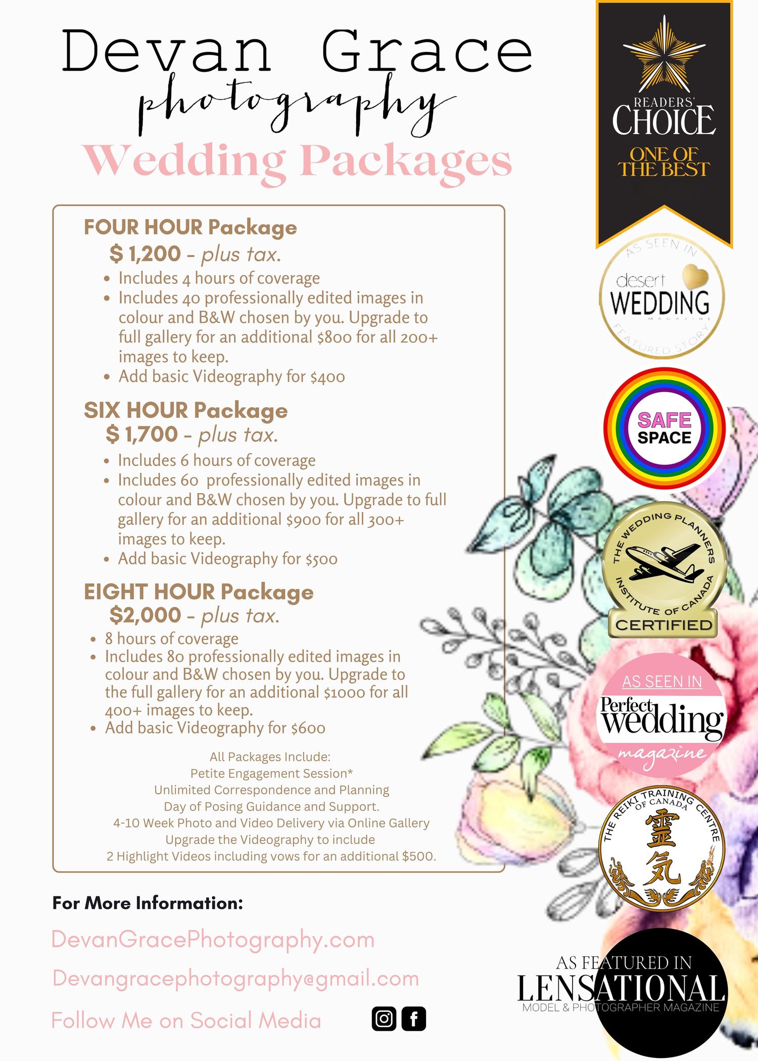 A wedding photography pricing guide showing different packages and service offerings with decorative design elements.