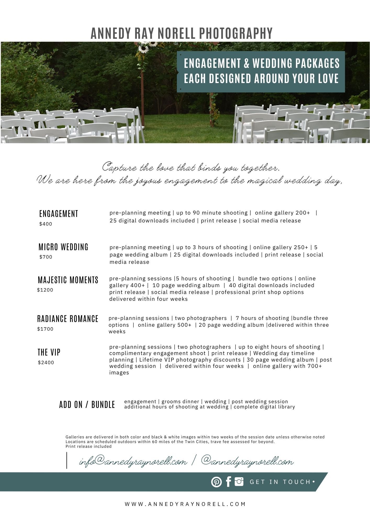 Professional wedding photography pricing packages and service tiers displayed on an elegant marketing page.