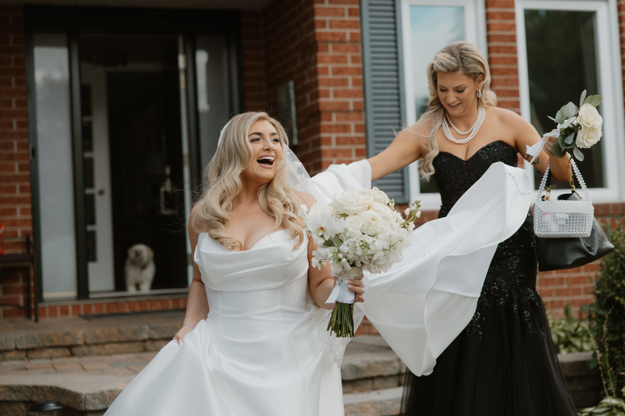 A series of wedding photos showing the bride and bridesmaids in white and black dresses posing together at a brick venue.