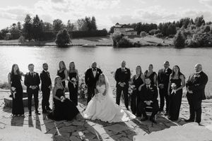 A black and white photo montage showing multiple group gatherings by a lake or waterfront setting.