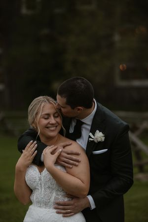 A romantic wedding moment captured in a series of candid shots showing the couple embracing outdoors.