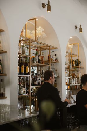 Stylish bar interior with arched walls and illuminated shelves displaying various bottles.