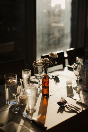 Elegant table setting with wine glasses and flowers in moody lighting creating dramatic shadows.