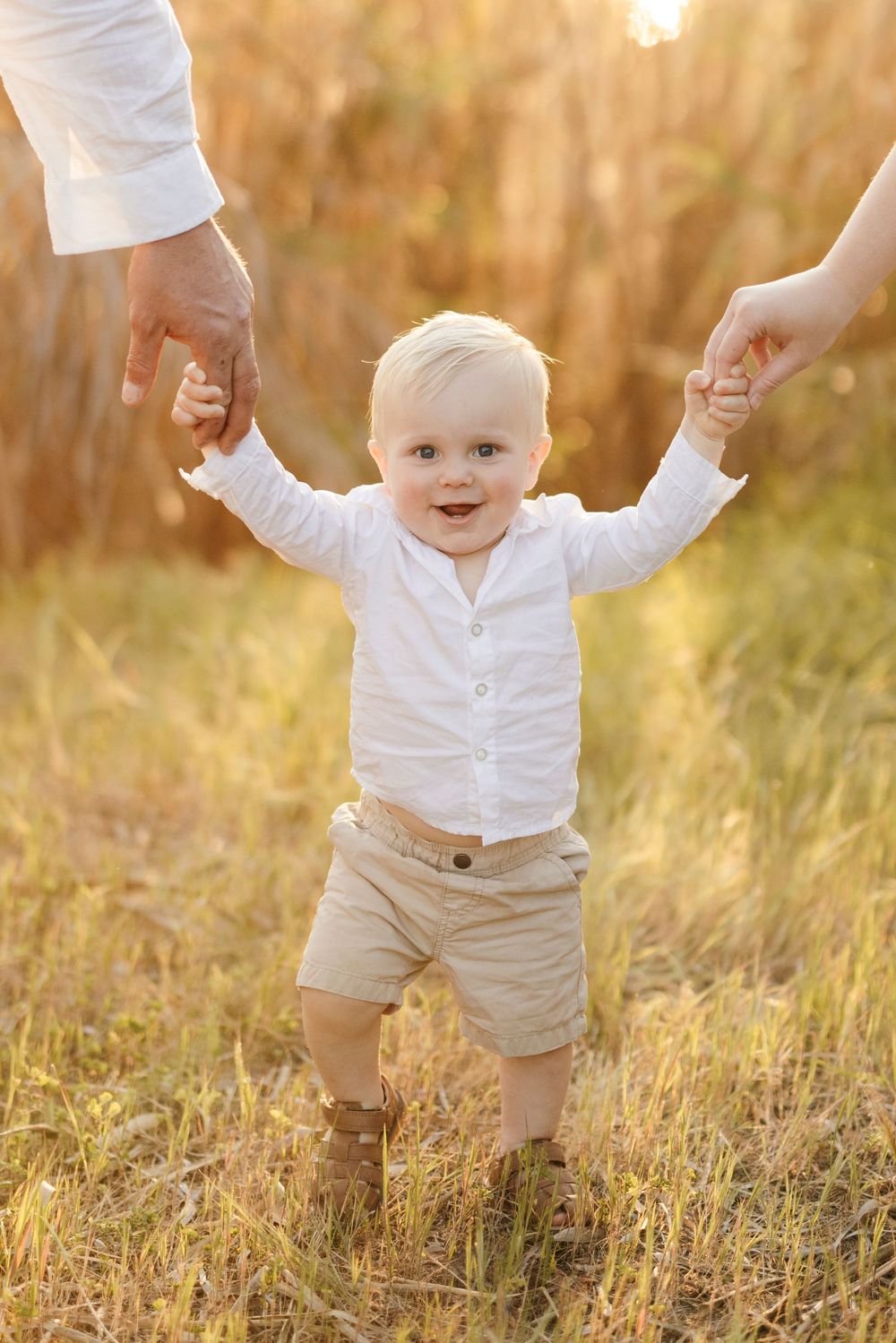 Happy blonde toddler boy taking first steps outdoors held by parents hands at sunset.