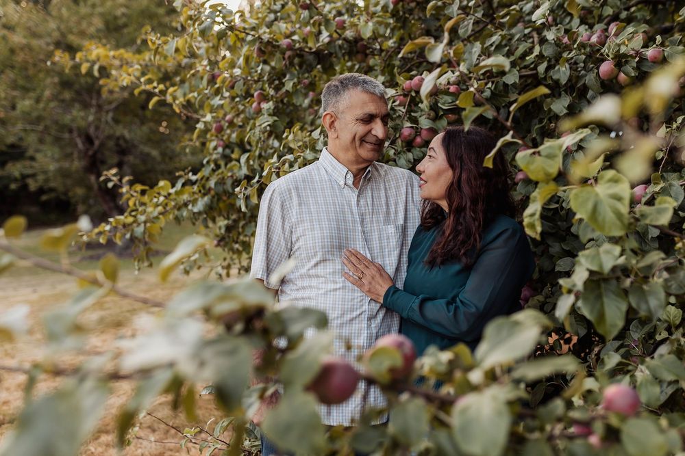 Couple embracing among apple trees in orchard.