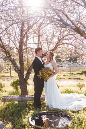 A couple shares a romantic moment under blooming cherry blossom trees.