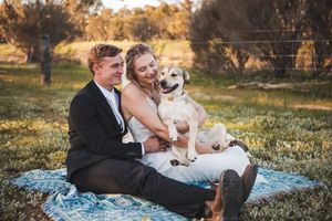 A newlywed couple relaxes on a blanket with their dog in a sunny field.