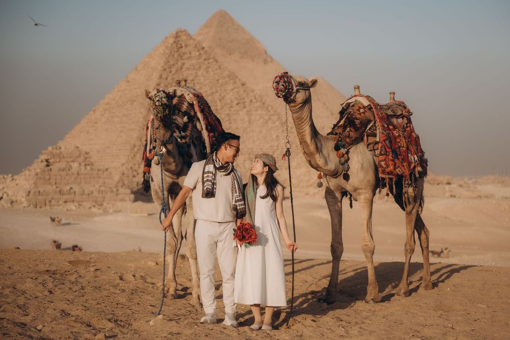 A panoramic view of tourists with camels exploring the ancient pyramids of Giza in Egypt at sunset.