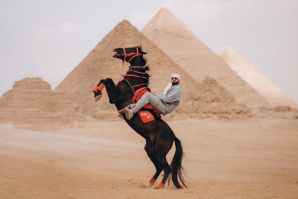 A horse rears up dramatically against the backdrop of the ancient Egyptian pyramids in the desert.