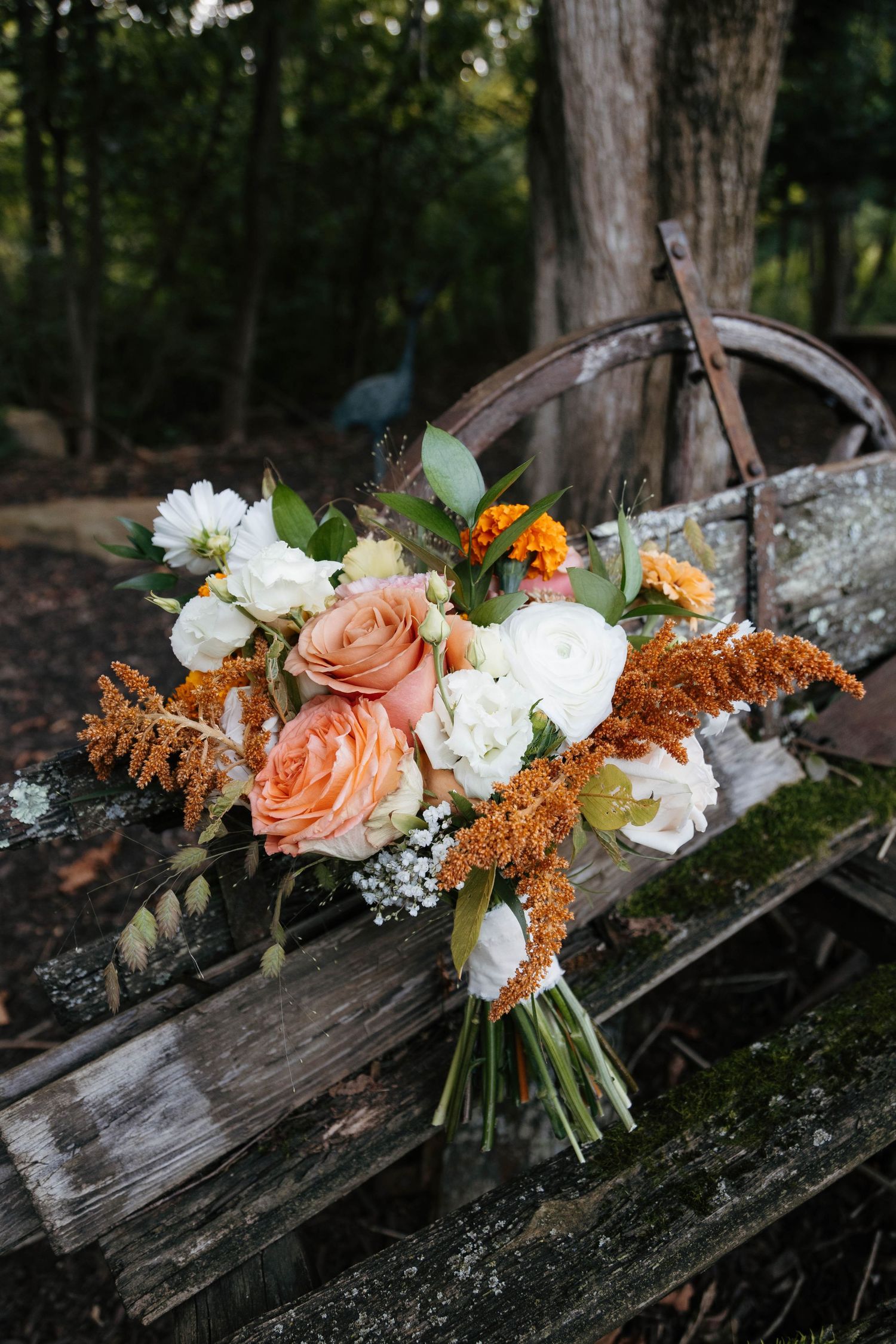 Close-up of a bridal bouquet with muted colors