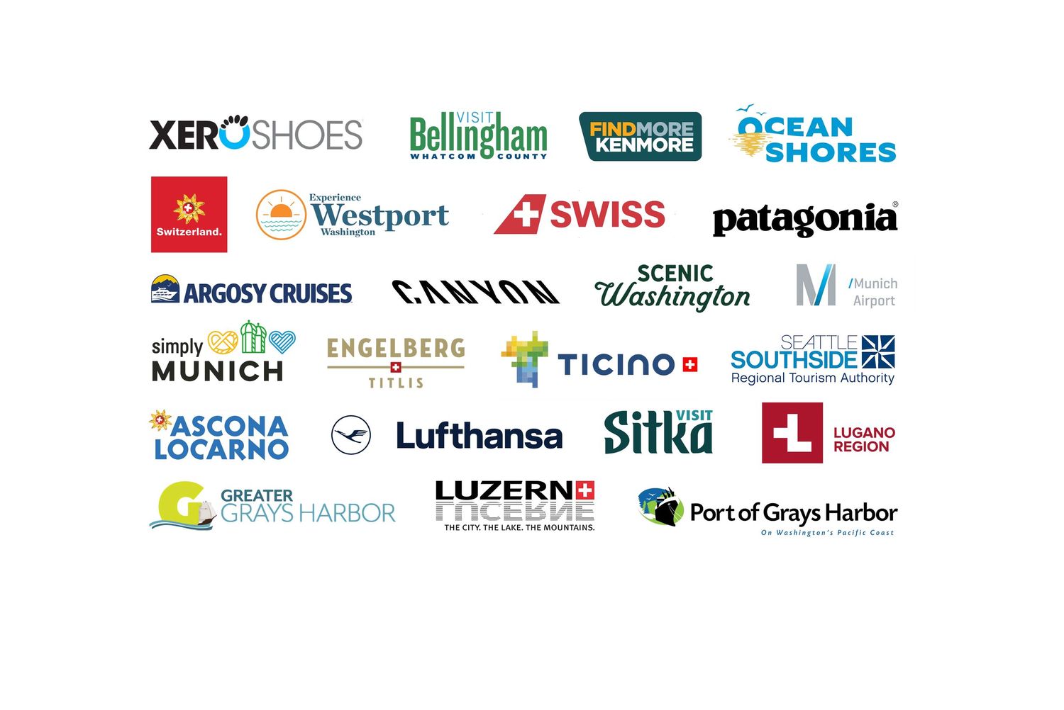 Collection of outdoor and travel brand logos including Patagonia, Swiss, Lufthansa, Xero Shoes and other companies.