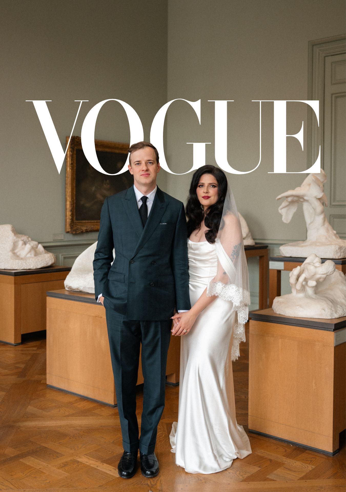 A romantic wedding photo in a garden setting with classical architecture and flowing bridal veil.