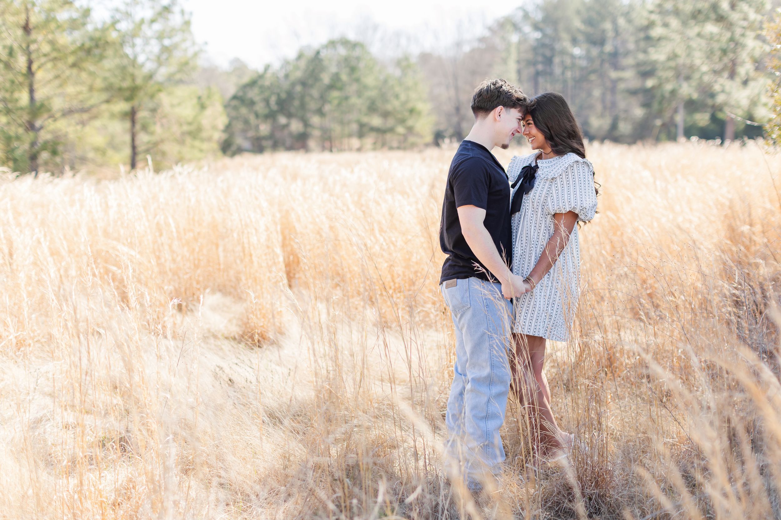 Couple sharing romantic moments in a golden field of tall grass at sunset.