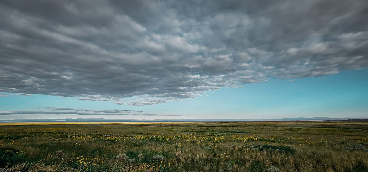 Dramatic stormy clouds hover over a vast prairie landscape with contrasting bright blue sky.